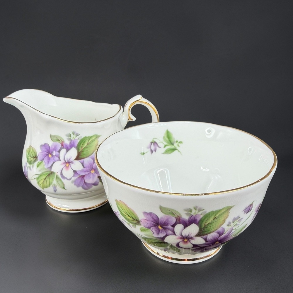 Duchess Bone China Tivoli Creamer and Sugar Bowl Set Purple Violets Gold Trim